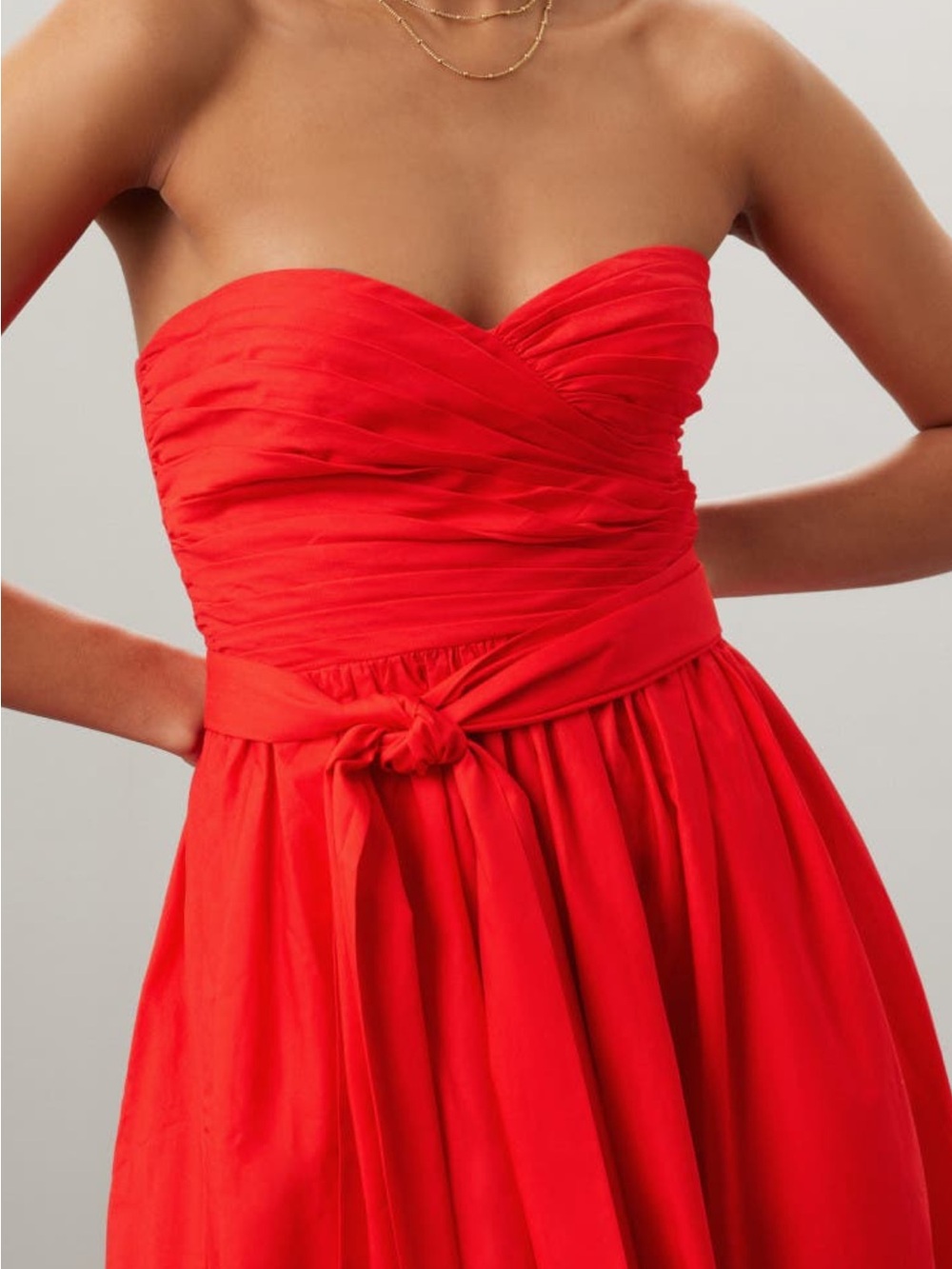 Strapless Orange Red maxi long Midi Dress with Waist Tie - Picture 3 of 3